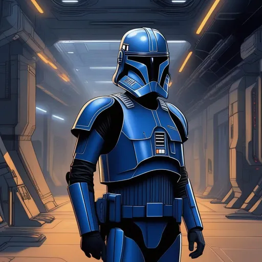 Prompt: Star wars rebel alliance male spec-ops. Dark blue armor uniform. He wears a clone helmet with a very narrow and short t-shaped visor. In background a scifi alley. Rpg art. Star wars art. 2d art. 2d. Well draw face. Detailed. 