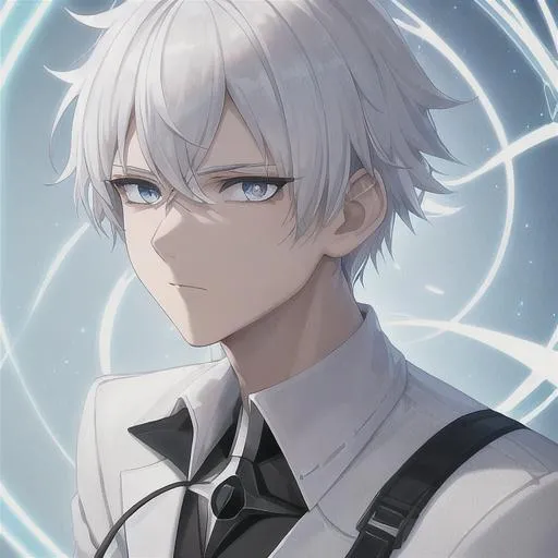 Prompt: Short scruffy white hair emotionless expression male white clothing white eyes white pupils lab coat time powers 19 years old superpower effects technology ultra high quality white aura 4k 16k movie cinematic graphic face close-up