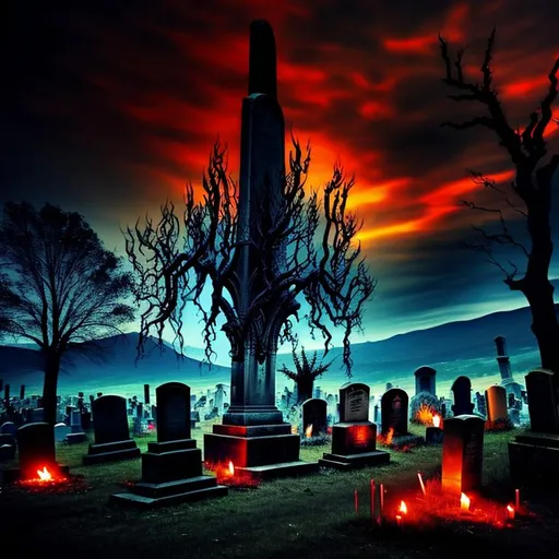 Prompt: graveyard, night, mortal, flame, forest, end of the world