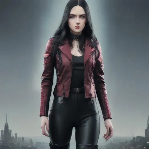 Prompt: young woman, long wavy black hair, light blue eyes, berry lipstick, red leather jacket, black body suit, black pants, knee-high black boots, 3D, fine-tuned, hyper-realistic, intricately detailed, detailed face, 16K, realistic, movie poster, chest