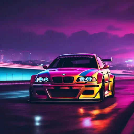 Prompt: 2001 BMW M3 E46 GTR, synthwave, aesthetic cyberpunk, miami, highway, dusk, neon lights, coastal highway, dusk, neon lights, coastal highway, sunset, drift, nurburgring, water on the road, blade runner, 8k