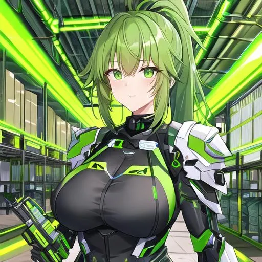 Prompt: a woman with green neon ponytail and long bangs standing with heavy technical armor in a warehouse filled with green glowing pipes, portrait, large bust