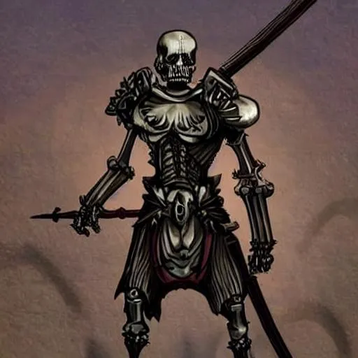 Prompt: Create a retro sci-if skeleton warrior was glowing eyes, heavy practical armor, and a two handed sword.