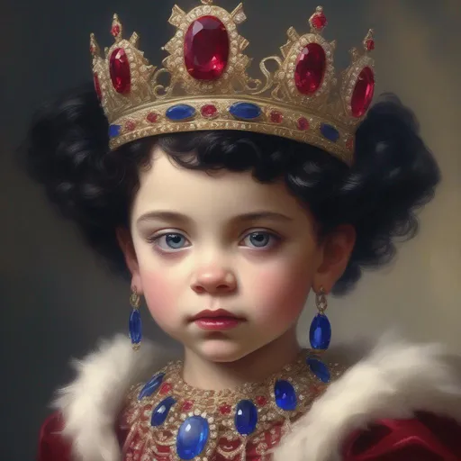 Prompt: A child queen with black hair wearing elaborate ruby and sapphire jewelry, fancy crown, facial closeup