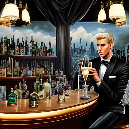 Prompt: Digital art, epic perspective a 1960’s inspired painting of a very good looking, handsome, GQ man with athletic build, clean cut face with longish emo style blonde hair wearing a tailored, black and white striped zoot suit seated at a bar drinking a martini, intricately detailed painting with mood lighting above and below the bar in the style of Jack Vettriano