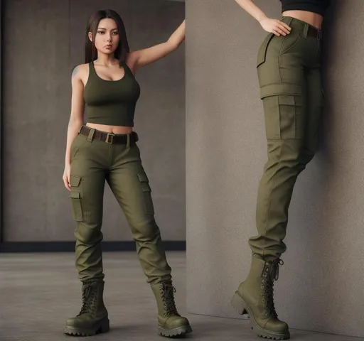 young woman wearing tank top, military style khaki pants and boots