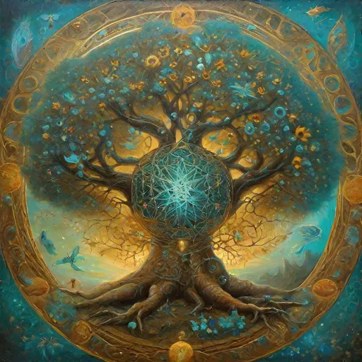 Prompt: a highly detailed oil painting of  kabbalistic Tree of Life making love to flower of life, stylized, in The Fifth Dimension, animals and  small creatures crawling and flying around, Agostino Arrivabene,  turquoise,  sienna , gold. 