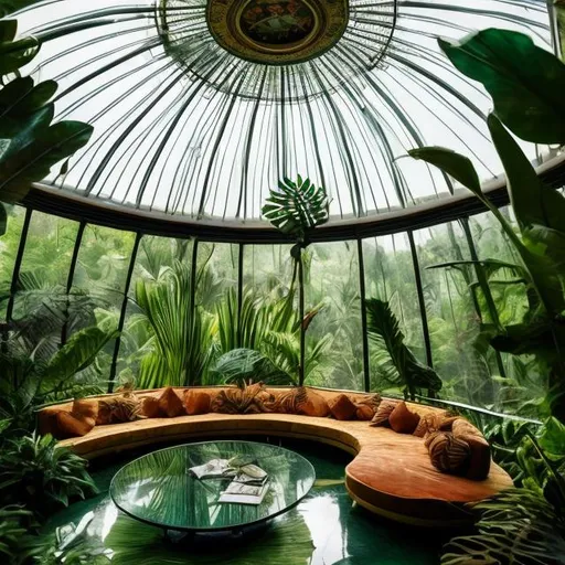 Prompt: glass dome room in the jungle with a sofa, photograph