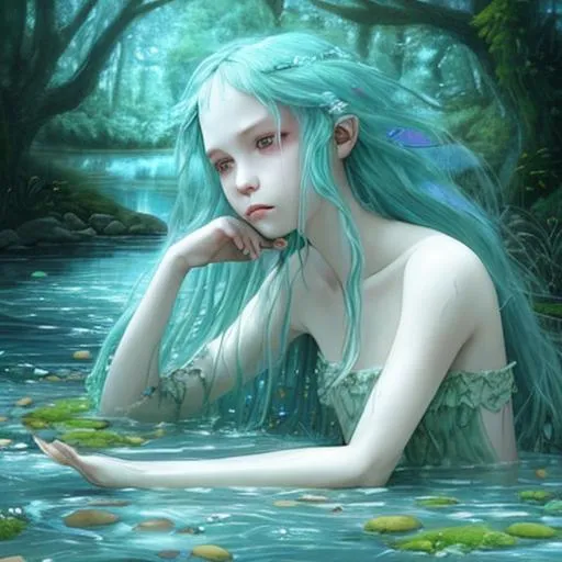 Prompt: Sorrowful and ethereal river naiad