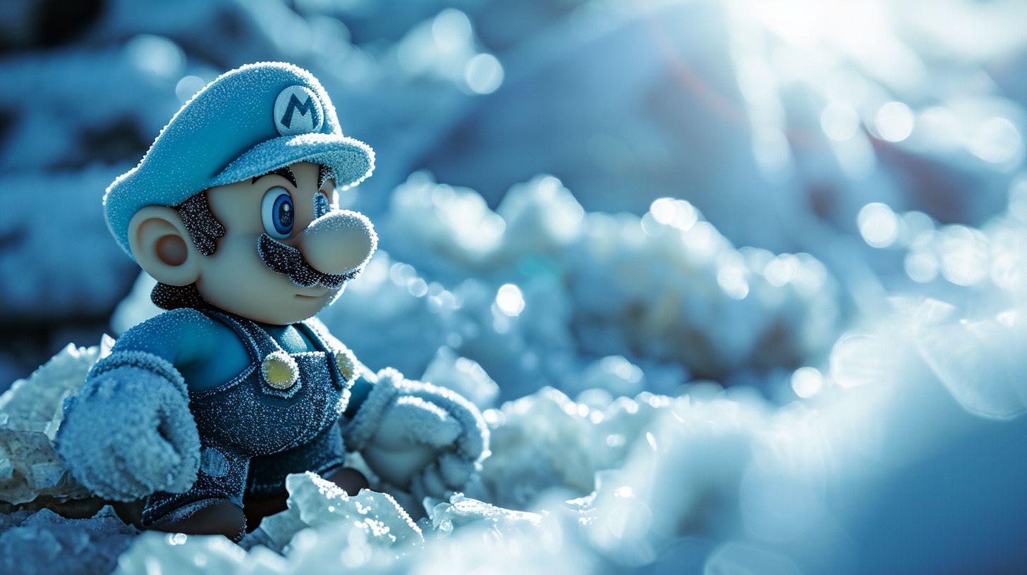 Prompt: blue frosted mario in the northpole