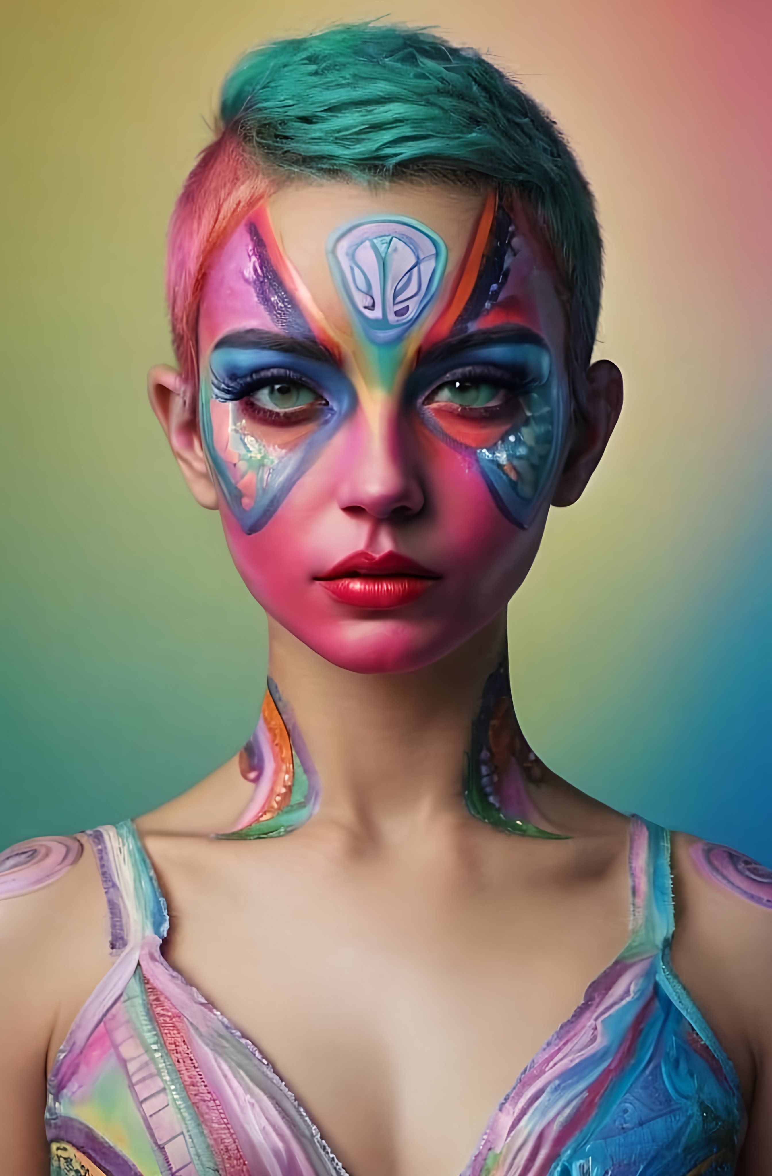 Prompt: a woman with colorful makeup and body art on her face and chest, with a blue and pink hair