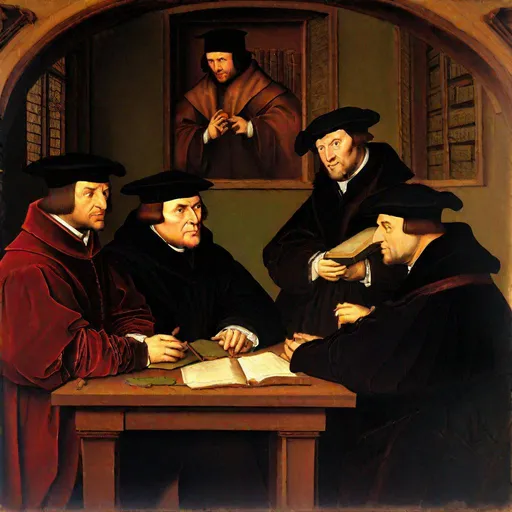 Prompt: Martin Luther, Erasmus of Rotterdam, Huldrych Zwingli and Philipp Melanchton sitting at a table and discussing, painting by Hans Holbein