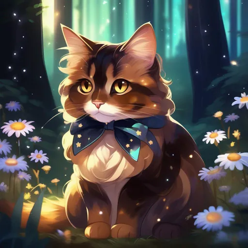 Prompt: An fluffy translucent brown calico tiffany cat that is glowing, sad amber eyes, wearing a bow, in a forest surrounded by daisies, beneath the stars, bioluminescent, highres, best quality, concept art