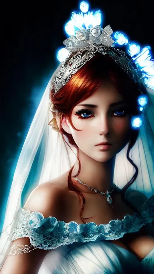 Prompt: Hyper beautiful anime Bride looking dramatically to the camera Heavily lit from the right