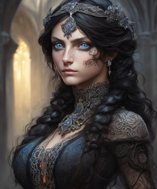 Prompt: 8k portrait of beautiful necromancer with black hair,  intricate,  elegant,  highly detailed,  majestic,  digital photography,  (masterpiece,  sidelighting,  finely detailed beautiful eyes: 1.2),  hdr,  (detailed background courtyard at night)  blue eyes,  black dress,  dark magic