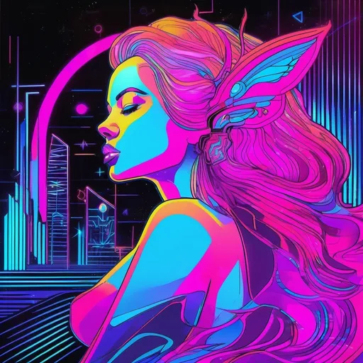 Prompt: a beautiful female demon in a dynamic pose in a retro futuristic synthwave neon paradise.  neon lighting, high quality, beautiful, masterpiece, artistic, synthwave, cyber, retro, futuristic