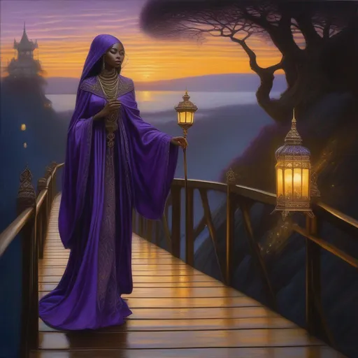 Prompt: fantasy art, oil painting, female lich with Black girl features, wearing an elaborate purple silk robe. full body, masterpiece, highest quality, hyperdetailed, ultra-realistic, textured skin, sharp focus, walking across a bridge under the sunset, with lanterns by John Bauer illustrations.