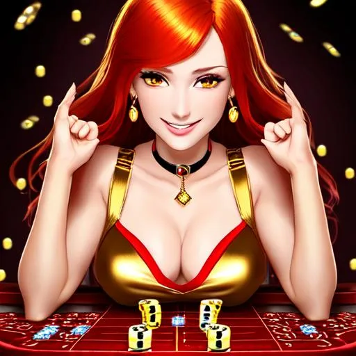 Prompt: A girl with a pretty face with a warm gaze, golden eyes, red hair, mysterious, with golden earrings and beautiful smile gambling with dices. 