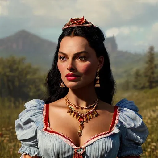 Prompt: masterpiece 18th century portrait of a dark skinned woman margot robbie as a early modern peasant, dark skin, bavarian, detailed background, cute dirndl corset, detailed face, crimson accent, lifelike, photorealistic painting, sharp focus, dramatic lighting, depth of field, dark fantasy, elegant, beautiful, intricate details, matte, art by Jeremy Lipking and Michael Ancher and Gustave Moreau and Jan Matejko and Ivan Shishkin and Alfons Mucha and John Singer Sargent