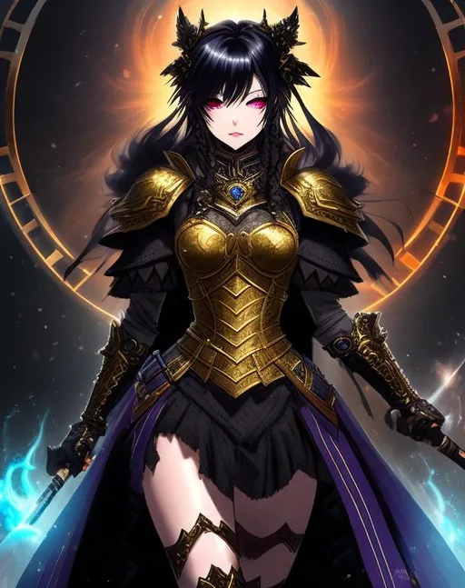 Prompt: highly detailed 4k UHD Cell Shade anime goddess ( Full Body View) with black hair dark as a raven, wearing Nordic Victorian outfit dress armor. While goddess having muscular body tone of arms and legs as well stomach showing abs with color flames bursting out, Queen of the Kings eyes bright as the sun.