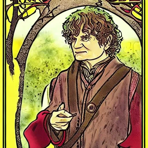 Prompt: Bilbo After his Journey in the hobbit book in a tarot card Art style
