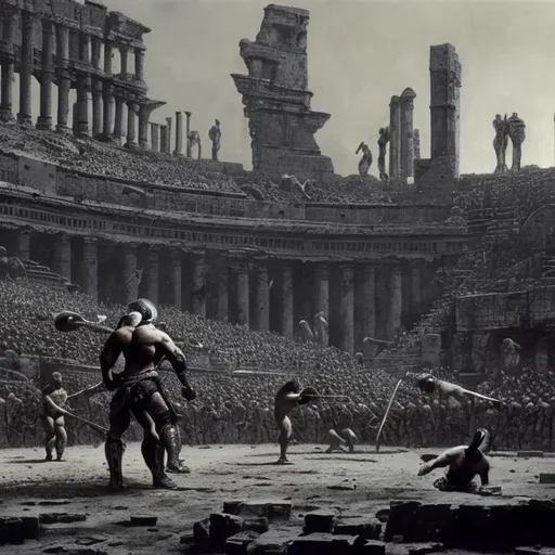 Prompt: roman arena, gladiator match, brutal, bloody, muscular, scifi, futuristic, beksinski, monochrome