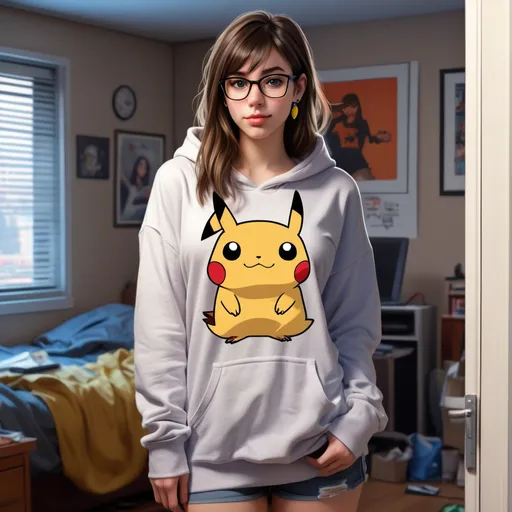 Prompt: Realistic digital painting:
A messy room in an apartment.
Age:20 Girl with a shy cute beautiful features, pronounced cleavage
Casual Geek:

Shoulder-length, straight brown hair with blunt bangs.
Wears thick, square-framed glasses, a Pokemon necklace, and mismatched earrings featuring pop-culture icons.
Dresses in a baggy graphic hoodie over shorts, knee-high striped socks, and colorful sneakers.