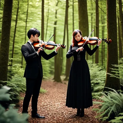 Prompt: 2 men a 2 women classically dressed, black outfit playing violin outside, in a forest