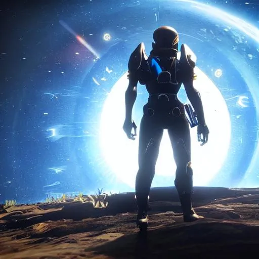 Prompt: Destiny 2 Solar hunter with white orb with blue glow in the distant background 8K high detailed