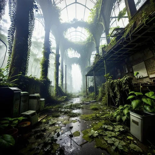 Prompt: overgrown laboratory with knight guards, during the night, very dark, in post apocalyptic overgrown makeshift worn city wasteland amidst trees and plants,  leaves overgrowing buildings, debris, decay,  vines and roots, dark, rainy, urban wasteland, apocalyptic, gloom, forest in background, wide angle,