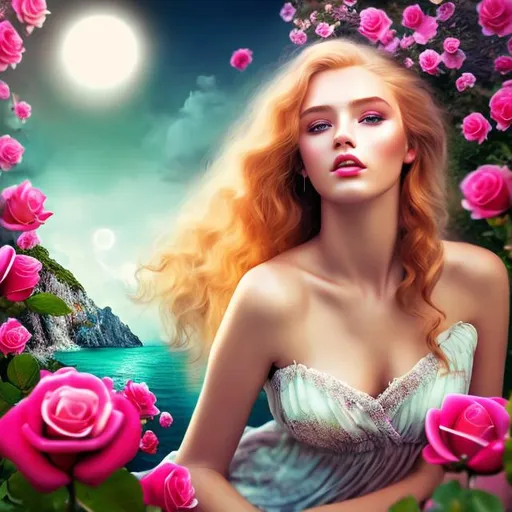 Prompt: HD 4k 3D 8k professional modeling photo hyper realistic beautiful young woman ethereal greek goddess of beauty love desire and pleasure
strawberry blonde hair gorgeous face light green shimmering dress full body surrounded by a heavenly glowing light hd enchanting landscape background of ocean seashells roses doves and sparrows 