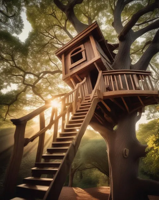 Prompt: An elevated perspective looking down at a hand-built wood treehouse nestled high in leafy oak branches, sunbeams streaming through the trees. Use forced perspective and wide angle lens to exaggerate the height. Shoot at sunrise for a nostalgic, magical playfulness. Style inspired by Maurice Pledge.