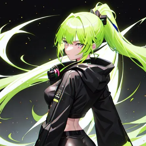 Prompt: She has a long, distinctive neon-green and black ponytail that comes out from behind her hood, and her bangs are dyed pink
