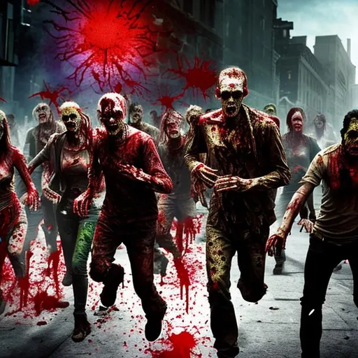 Prompt: Zombies overrunning city, blood splatter on screen