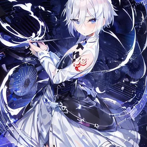 Prompt: pixiv, a 9 year old boy, silver white hair, short hair, deep blue eyes, detailed face, determined look, waist-up shot, HDRI, masterpiece, smooth, sharp focus, illustration, tattoo_black_horizontal_lines_on_cheeks, emo, pupiles, happy, casual cloths