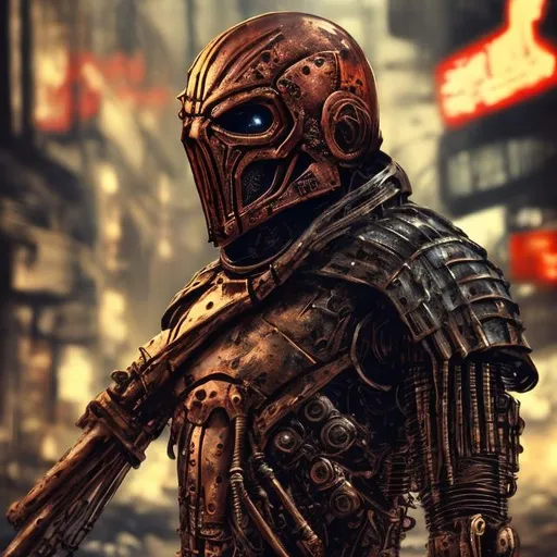 Prompt: Redesigned cybernetic futuristic scrap metal tarnished copper detailed armour. dark evil redskull-wolverine. Bloody. Hurt. Damaged mask. Accurate. realistic. evil eyes. Slow exposure. Detailed. Dirty. Dark and gritty. Post-apocalyptic Neo Tokyo with fire and smoke .Futuristic. Shadows. Sinister. Armed. Fanatic. Intense. 