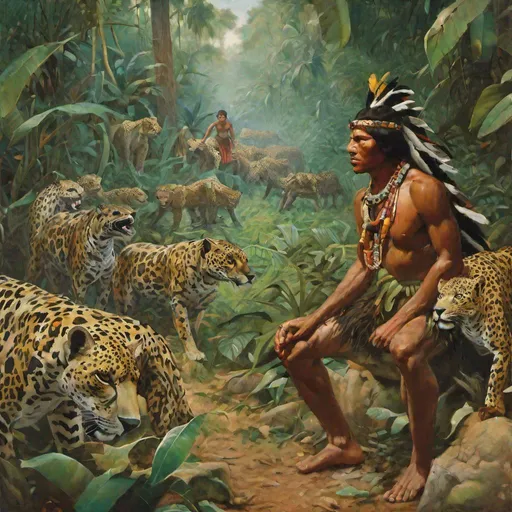 Prompt: A painting of native south American man looking at a herd of jaguars walking in the Jungle 