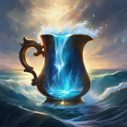 Prompt: water flowing out of magical cup into the sea, waves, sea, glowing, magic, dark,  dungeons and dragons, magic the gathering, fantasy art, fantasy, wizard,, concept art, , artstation, award winning, painting, watercolor, 