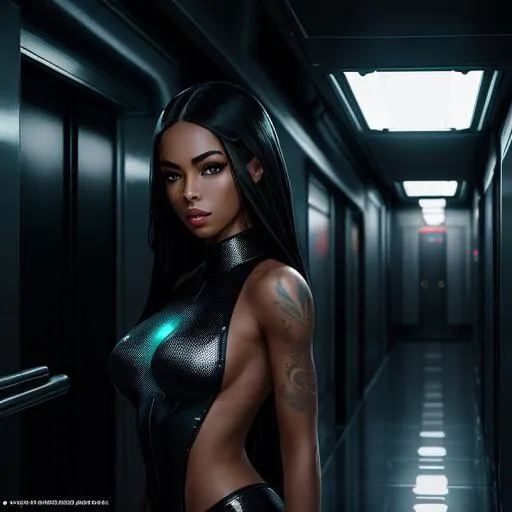 Prompt: Please Create a masterpiece photograph of  a beautiful female alien humanoid fully clothed. Looks like aaliyah,
 with a damp and steamy highly detailed spaceship corridor in the background, sci-fi, flickering halogen lamps, muted dark colors, high dynamic range, aggressive pose, sultry, full body, perfect face, detailed face, perfect body, alien tattoos, scars, complex details, highly detailed body, highly detailed skin, highly detailed face, reflective textures, wet skin, dripping water, photorealistic, masterpiece, hyperrealism, analog style, 8K UHD, RAW, octan render, concept art, professionally color graded, muted LUT, HR Giger, Hans Ruedi Giger, by Aaron Horkey and Jeremy Mann