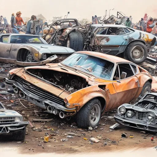 Prompt: junkyard drawing 1970's sportscar crash