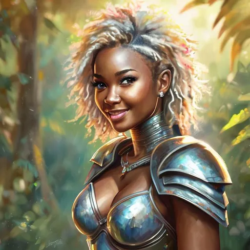 Prompt: High-resolution hyper realistic painting of {topless, perfect ebony girfriend, short hair} [ameretat] , uhd, hdr, 64k, epic scene, half body, sharp edges, wearing armor, forest, garden, expressive amused lips. Little smile. Clean.