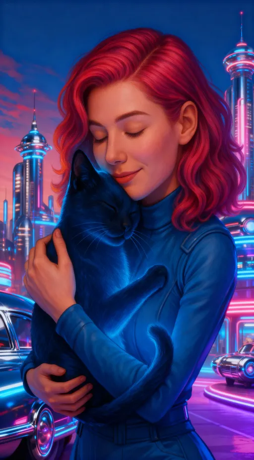 Prompt: fifties scifi style, lots of chrome, lots of neon, soft reds and pinks, blues and purples

