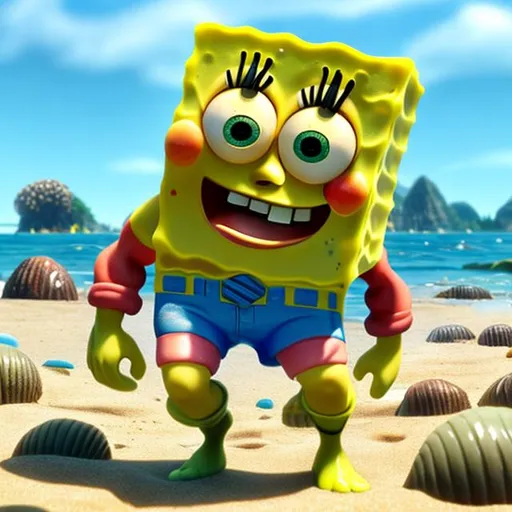 Prompt: A muscular SpongeBob SquarePants posing on the beaches of Goo Lagoon 