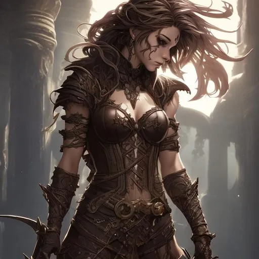 Prompt: A female fantasy character, light leather on upper body, laced bodes, brown hair, highly detailed art, rogue, beautiful,
