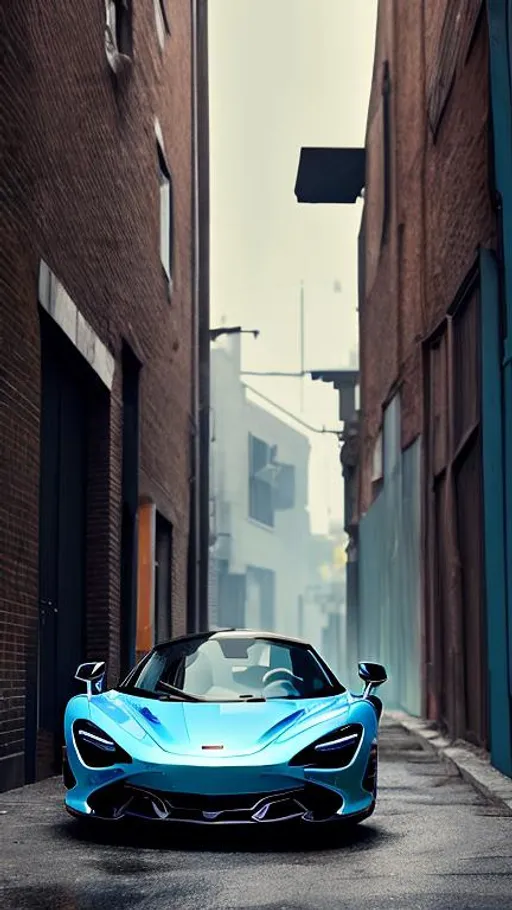 Prompt: McLaren 720s in light blue, in a dark forgotten trash filled alley way, no light coming in, with trash flying around, in the crack of dawn