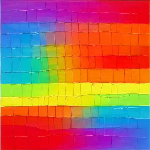 Prompt: Make an abstract painting in the shape of a square 8"x8" using the colors of the rainbow with random shapes, swoops and stripes