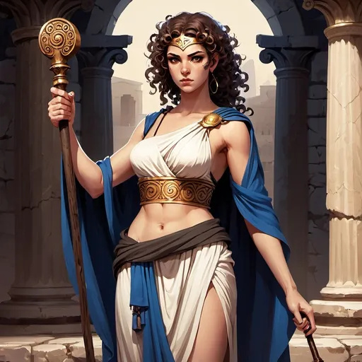 Prompt: Full body, Fantasy illustration of a female Greek, 28 years old, oliv skin, greek toga, long black corkscrew curls, arrogant expression, pretentious look, holding a wooden wizard staff, high quality, rpg-fantasy, detailed, ancient Greek Agora, illustrated, art, painting 