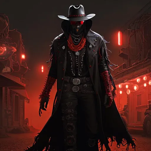 Prompt: Cyber Cowboy with 4 Arms, fiery red Poncho, Dressed in black duster and Stetson Cowboy Hat, with Red Sunglasses, Haunting Presence, Intricately Detailed, Hyperdetailed, Desert Wild West Landscape, Dusty Midnight Lighting, Wild West Feel