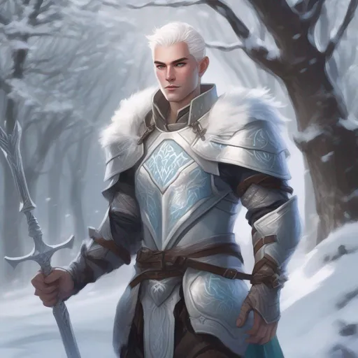 Prompt: dnd a elven man with short fluffy white hair wearing plate armor with light blue eyes in a snowy park