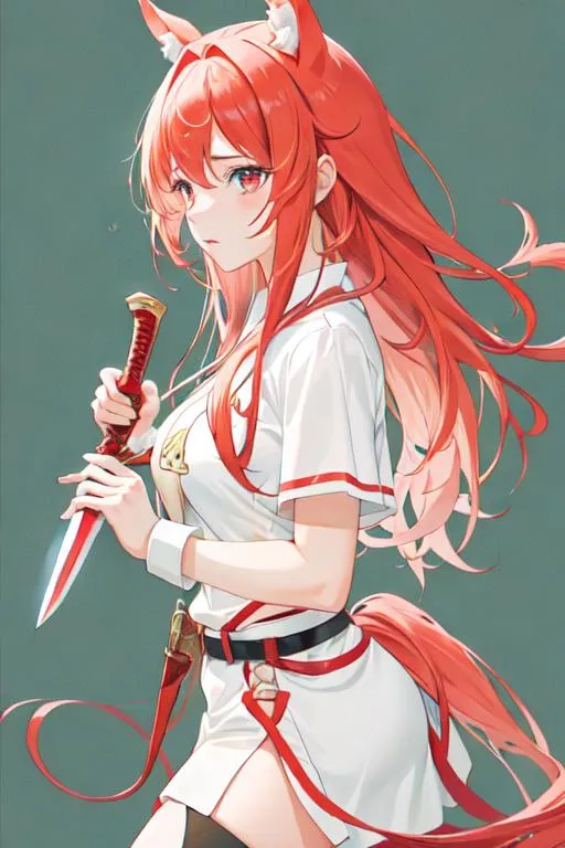 Prompt: Haley as a horse girl with bright red side-swept hair, crying, holding a dagger. 